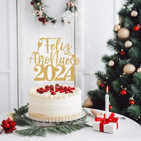 Feliz Año Nuevo 2024 Cake Topper, 2024 New Year Cake Decorations, Hello 2024, Spanish Happy New Year Party Decorations Gold Glitter in Saudi Arabia