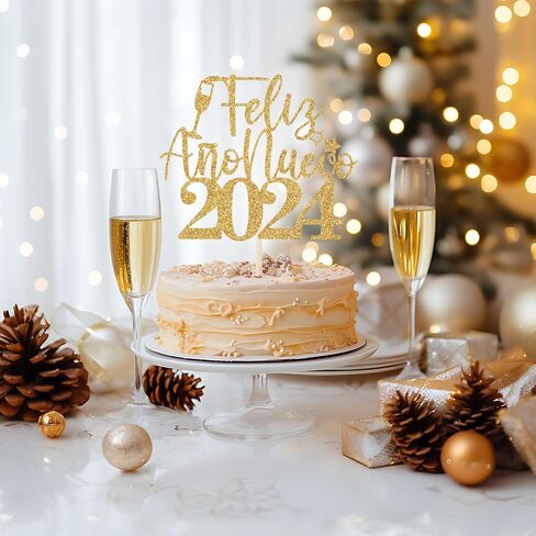 Feliz Año Nuevo 2024 Cake Topper, 2024 New Year Cake Decorations, Hello 2024, Spanish Happy New Year Party Decorations Gold Glitter in Saudi Arabia