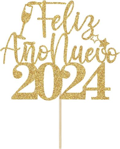 Feliz Año Nuevo 2024 Cake Topper, 2024 New Year Cake Decorations, Hello 2024, Spanish Happy New Year Party Decorations Gold Glitter in Saudi Arabia