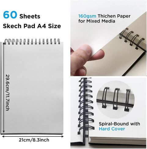 لوحة رسم ذات غلاف صلب مقاس A4 مقاس 8.5 بوصة × 11.7 بوصة (98 رطل/160 جرامًا للمتر المربع)، 60 ورقة (120 صفحة) من كتاب رسم حلزوني للفنانين المحترفين والهواة | للوسائط الرطبة والجافة، والرسم، والرسم in Kuwait