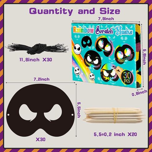 Z1juce 30 قطعة قناع عيد الميلاد جاك وسالي للخدش، مجموعة هدايا للأطفال، أقنعة قوس قزح سحرية للخدش للأطفال، هدايا حفلات عيد الميلاد، مجموعة أدوات فنية بألوان قوس قزح للأنشطة المدرسية in Kuwait