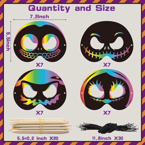 Z1juce 30 قطعة قناع عيد الميلاد جاك وسالي للخدش، مجموعة هدايا للأطفال، أقنعة قوس قزح سحرية للخدش للأطفال، هدايا حفلات عيد الميلاد، مجموعة أدوات فنية بألوان قوس قزح للأنشطة المدرسية in Kuwait