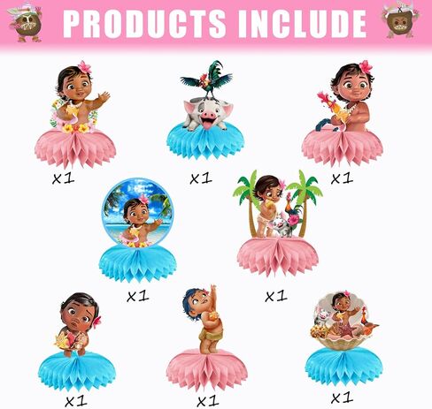 8 قطع من قطع مركزية على شكل قرص العسل من Moana لتزيين طاولة الطفل Moana على شكل قرص العسل مزدوجة الجوانب من Moana لوازم حفلات أعياد الميلاد وديكورات استحمام الطفل in Kuwait