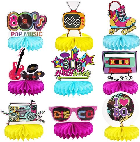 80s موضوع حزب الزينة 9pcs العسل المركزية للجداول، 1980s الرجعية ديكور الجدول توبر لعيد ميلاد الهبي زينة حزب النيون لوازم كشك الصور الدعائم in Kuwait