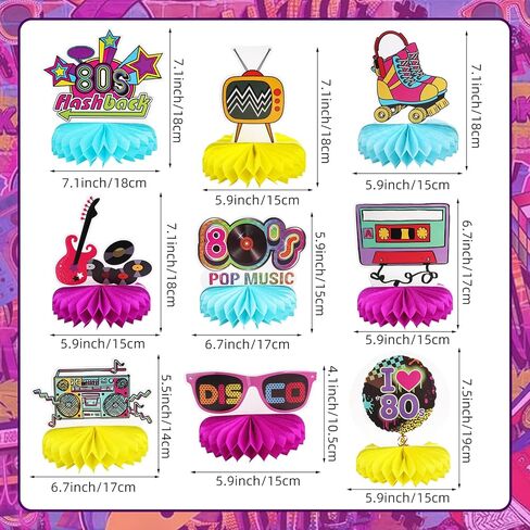 80s موضوع حزب الزينة 9pcs العسل المركزية للجداول، 1980s الرجعية ديكور الجدول توبر لعيد ميلاد الهبي زينة حزب النيون لوازم كشك الصور الدعائم in Kuwait