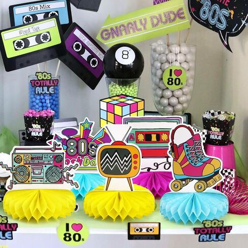 80s موضوع حزب الزينة 9pcs العسل المركزية للجداول، 1980s الرجعية ديكور الجدول توبر لعيد ميلاد الهبي زينة حزب النيون لوازم كشك الصور الدعائم in Kuwait