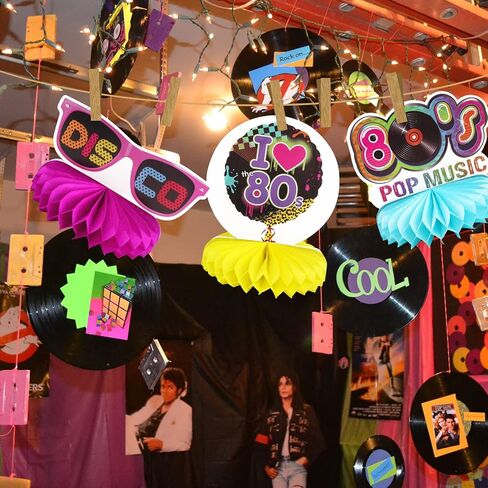 80s موضوع حزب الزينة 9pcs العسل المركزية للجداول، 1980s الرجعية ديكور الجدول توبر لعيد ميلاد الهبي زينة حزب النيون لوازم كشك الصور الدعائم in Kuwait