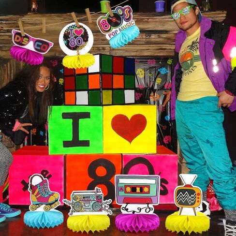 80s موضوع حزب الزينة 9pcs العسل المركزية للجداول، 1980s الرجعية ديكور الجدول توبر لعيد ميلاد الهبي زينة حزب النيون لوازم كشك الصور الدعائم in Kuwait