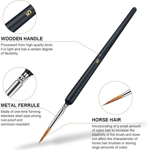 مجموعة فرش طلاء التفاصيل 9 قطع من الفرش المصغرة للتفاصيل الدقيقة والرسم الفني - فرش ذات شعيرات حصان ممتازة للأكريليك والألوان المائية والزيت والنماذج والمطرقة الحربية 40 ك (شعر الحصان) in Kuwait