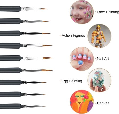 مجموعة فرش طلاء التفاصيل 9 قطع من الفرش المصغرة للتفاصيل الدقيقة والرسم الفني - فرش ذات شعيرات حصان ممتازة للأكريليك والألوان المائية والزيت والنماذج والمطرقة الحربية 40 ك (شعر الحصان) in Kuwait