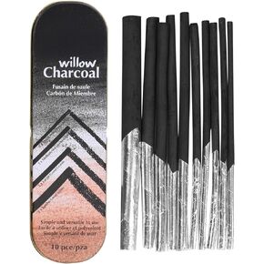 XGOPTS Willow Vine Sketch Charcoal Sticks Tin Box Set of 10 Compressed Assorted Artist Pencils Medium Black Students Beginners Painter Art Supplies for Drawing Blending Shading Sketching, 4.5-9mm Dia