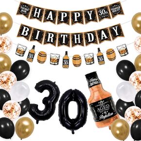 Sinasasspel Whiskey 30th Birthday Decorations Gold & Black Aged to Perfection Birthday Party Banner Whiskey Garland, 27 Balloons for 30 Years Old Party Supplies in Kuwait