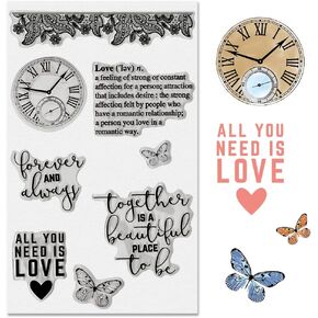 Threetols Clock Clear Stamps for Card Making, Key Clear Rubber Stamps Love Words Gear Stamps for Holiday Card Making Decor DIY Scrapbooking Transparent Album Decor Paper Craft