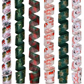 Ribest 2.5 "مجموعة شريط عيد الميلاد السلكية للحرف اليدوية زينة شجرة عيد الميلاد أكاليل صانع القوس (6 لفات إجمالي 30 ياردة)