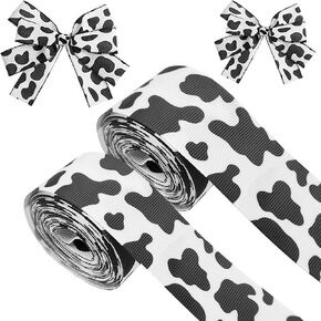 2 Rolls 10 Yards Cow Print Ribbons for Crafts,Grosgrain White Black Cow Print Ribbon Edge Ribbon Cow Spot Pattern Ornaments Fabric Ribbons for DIY Wreath Handmade Crafts Gift Box Packaging