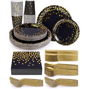 224 Pieces Party Supplies, White and Gold Dots Party Plates Cups and Napkins Sets with Plastic Knives forks spoons, Disposable Tableware Serves 32 Sets for Wedding, Birthday, Graduation, Festivals