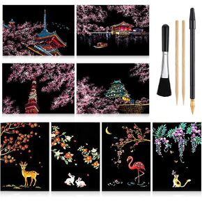 Scratch Paper Art Set, 8 Sheets Rainbow Painting Scratch Off Art Cherry Blossom & Animal Mini Postcard, Art Craft Supplies for Adults Girls & Boys Thanksgiving Christmas Birthday Party Game Gift