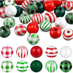 160 Pieces Christmas Wood Bead Buffalo Plaid Stripe Wood Bead Craft Wooden Beads Rustic Farmhouse Wooden Bead White Beads for Holiday Home Ornaments DIY Craft Jewelry Making (Black, Red, White)