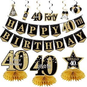 زينة عيد الميلاد الأربعين للرجال والنساء، 10 قطع لافتة عيد ميلاد سعيد الأربعين على شكل قرص العسل مجموعة أدوات مركزية، لافتة أربعين يومًا للسقف وطاولة علوية لوازم الحفلات للداخل والخارج