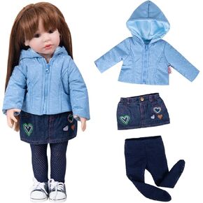 Doll Clothes 3 Pc. Set Blue Hooded Coat with Navy Blue Denim Skirt & Navy Blue Knitted One-piece Pantyhose, Warm Hoodie Snowsuit Fits for 18" Dolls (Doll & Shoes not Included) 016 in Kuwait