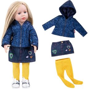 Doll Clothes 3 Pc. Set Blue Hooded Coat with Navy Blue Denim Skirt & Navy Blue Knitted One-piece Pantyhose, Warm Hoodie Snowsuit Fits for 18" Dolls (Doll & Shoes not Included) 016