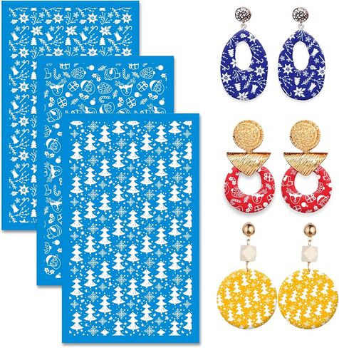 MEMOVAN Christmas Silk Screen for Polymer Clay 3Pcs Reusable Christmas Silk Screen Stencils for Polymer Clay Cutters Printing on Clay Kit for Jewelry Making Christmas Earring Decoration in Kuwait