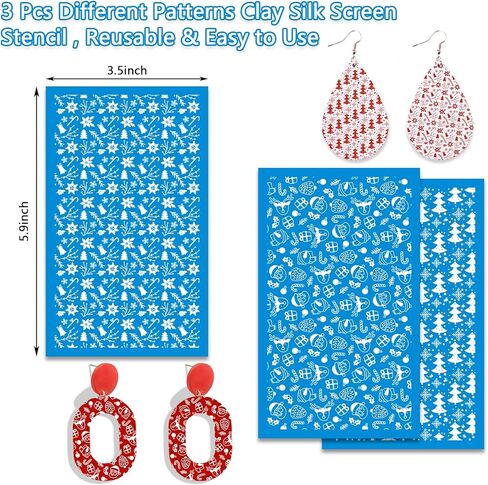 MEMOVAN Christmas Silk Screen for Polymer Clay 3Pcs Reusable Christmas Silk Screen Stencils for Polymer Clay Cutters Printing on Clay Kit for Jewelry Making Christmas Earring Decoration in Kuwait