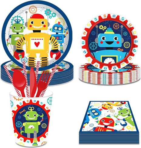 CC HOME Cartoon Robots Party Themed Party Supplies Pack Robots Party Decorations Cartoon Robots Party Pack- Serves 16 - Includes Cartoon Robots Party Plates Cups Napkins in Kuwait