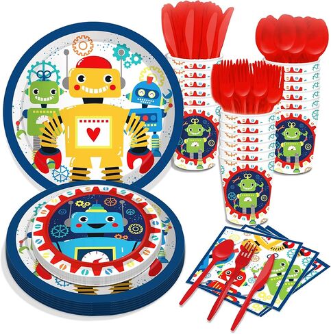 CC HOME Cartoon Robots Party Themed Party Supplies Pack Robots Party Decorations Cartoon Robots Party Pack- Serves 16 - Includes Cartoon Robots Party Plates Cups Napkins in Kuwait