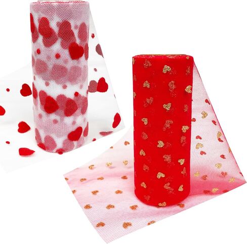 2 Rolls Heart Mesh Tulle Roll Ribbon Valentine's Day Netting Roll Tulle Fabric Mesh Ribbon Roll for Valentine's Day Wedding Party Decoration (Red) in Saudi Arabia