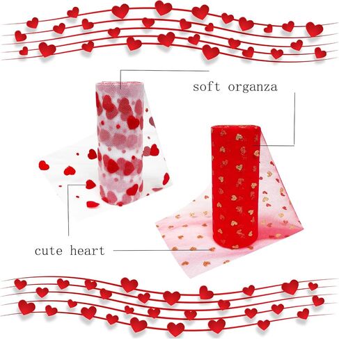 2 Rolls Heart Mesh Tulle Roll Ribbon Valentine's Day Netting Roll Tulle Fabric Mesh Ribbon Roll for Valentine's Day Wedding Party Decoration (Red) in Saudi Arabia
