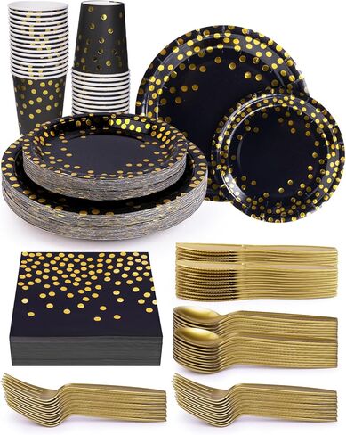 224 Pieces Party Supplies, White and Gold Dots Party Plates Cups and Napkins Sets with Plastic Knives forks spoons, Disposable Tableware Serves 32 Sets for Wedding, Birthday, Graduation, Festivals in Saudi Arabia