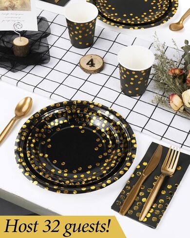 224 Pieces Party Supplies, White and Gold Dots Party Plates Cups and Napkins Sets with Plastic Knives forks spoons, Disposable Tableware Serves 32 Sets for Wedding, Birthday, Graduation, Festivals in Saudi Arabia