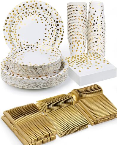224 Pieces Party Supplies, White and Gold Dots Party Plates Cups and Napkins Sets with Plastic Knives forks spoons, Disposable Tableware Serves 32 Sets for Wedding, Birthday, Graduation, Festivals in Saudi Arabia