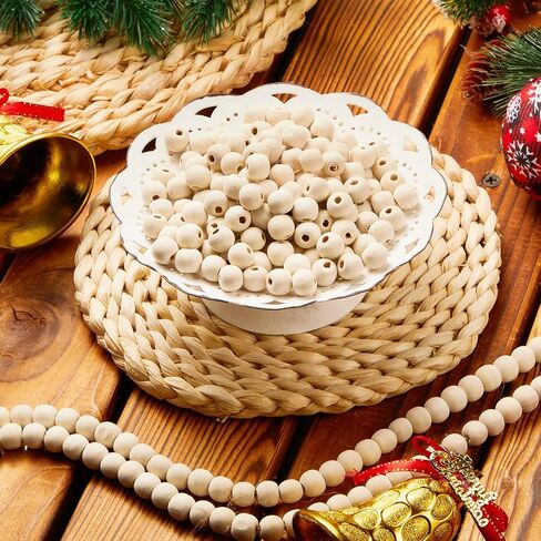 900 قطعة من الخرز الخشبي لعيد الميلاد مقاس 10 ملم للخرز الحرفي غير المكتمل، كرات خشبية بفتحة دائرية، خرز فاصل فضفاض مع خيوط لعيد الميلاد DIY صناعة المجوهرات لتزيين المنزل (أبيض) in Saudi Arabia