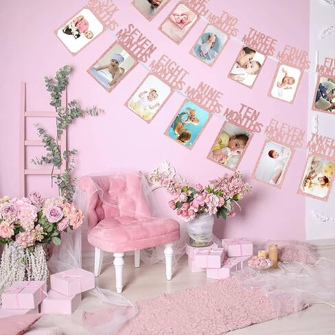 لافتة صور عيد ميلاد الطفل الأول من Newmemo للفتيات، لافتة صور عيد ميلاد الطفل الأول من حديثي الولادة إلى 12 شهرًا، لون ذهبي وردي، علامة بارزة شهرية، جارلاند سفاري الغابة، ديكور عيد ميلاد الطفل in Kuwait