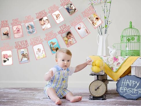 لافتة صور عيد ميلاد الطفل الأول من Newmemo للفتيات، لافتة صور عيد ميلاد الطفل الأول من حديثي الولادة إلى 12 شهرًا، لون ذهبي وردي، علامة بارزة شهرية، جارلاند سفاري الغابة، ديكور عيد ميلاد الطفل in Kuwait