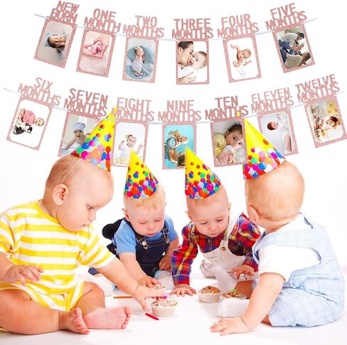 لافتة صور عيد ميلاد الطفل الأول من Newmemo للفتيات، لافتة صور عيد ميلاد الطفل الأول من حديثي الولادة إلى 12 شهرًا، لون ذهبي وردي، علامة بارزة شهرية، جارلاند سفاري الغابة، ديكور عيد ميلاد الطفل in Kuwait