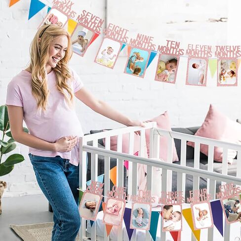 لافتة صور عيد ميلاد الطفل الأول من Newmemo للفتيات، لافتة صور عيد ميلاد الطفل الأول من حديثي الولادة إلى 12 شهرًا، لون ذهبي وردي، علامة بارزة شهرية، جارلاند سفاري الغابة، ديكور عيد ميلاد الطفل in Kuwait