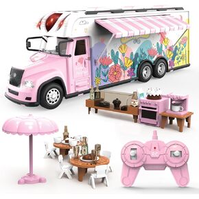 Remote Control Camping Truck Toy for 4 5 6 Year Girls, RC Dream Camper Car, with Colorful Light & Sound Camping Equipment Set, Pretend Play RV Set Dollhouse Vehicle for Birthday Gifts 3+