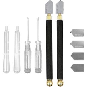 Glass Cutter Tool Set, 2mm-20mm Pencil Style Oil Feed Carbide Tip with Extra Replacement Head and Oil Dropper for Mosaic/Tiles/Mirror/Stained Glass Cutting