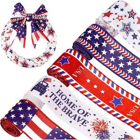 Whaline 5 Rolls Patriotic Ribbon 4th of July Stars and Stripes Burlap Wired Edge Ribbon 25 Yards White Blue Red Decorative Ribbon for Independence Day Gift Wrapping DIY Wreath Bow Craft Sewing in Saudi Arabia