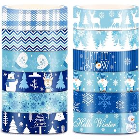 12 Roll Winter Plaid Washi Tape Set Decorative Blue White Holiday Washi Masking Tape Snowflake Xmas Tree Snowman Reindeer Patterned Decorative Tape for Kids Adults DIY Scrapbooking Journal Gift in Saudi Arabia