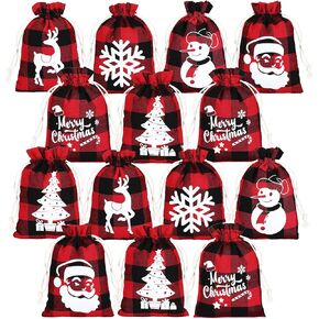 24 Pcs Christmas Gift Bags 4 x 5.5 Inch Buffalo Plaid Drawstring Bags Snowman Snowflake Elk Santa Reusable Small Christmas Candy Burlap Favor Bags for Birthday Christmas Party Supplies (Green, Black)