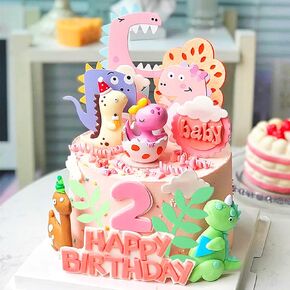 Little Dino Birthday Cake Decoration Dinosaur Egg Cake Topper Little Dinosaur Birthday Party Supplies Dinosaur Cake Decoration Three Rex Cake Decoration (Pink)