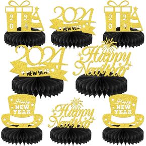 قطع مركزية على شكل قرص العسل لرأس السنة الجديدة السعيدة للطاولة، ديكورات حفلات ليلة رأس السنة 2024، مرحبًا 2024، لوازم أغطية طاولات حفلات رأس السنة الجديدة 8 قطع باللون الأسود الذهبي (ورق لامع مزدوج الجوانب) in Kuwait