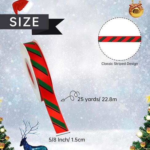 25 ياردة عيد الميلاد شريط الشريط 5/8 بوصة أحمر أخضر عيد الميلاد حلوى قصب أشرطة حك شريط نسيج مخطط لشجرة عيد الميلاد ديكور هدية التفاف إكليل القوس DIY الحرفية in Kuwait
