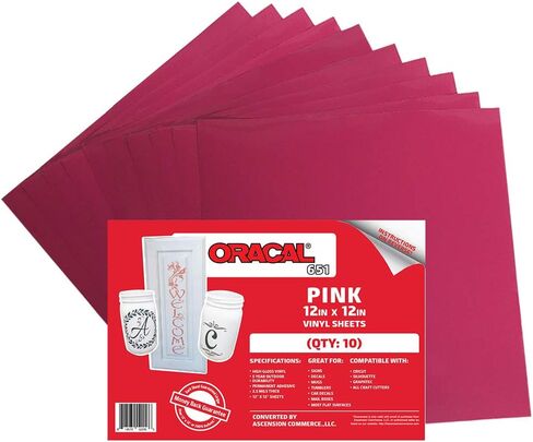 (10) 12" x 12" Sheets - Oracal 651 Pink Adhesive Craft Vinyl for Cricut, Silhouette, Cameo, Craft Cutters, Printers, and Decals - Gloss Finish and Outdoor and Permanent in Saudi Arabia
