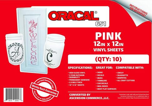 (10) 12" x 12" Sheets - Oracal 651 Pink Adhesive Craft Vinyl for Cricut, Silhouette, Cameo, Craft Cutters, Printers, and Decals - Gloss Finish and Outdoor and Permanent in Saudi Arabia