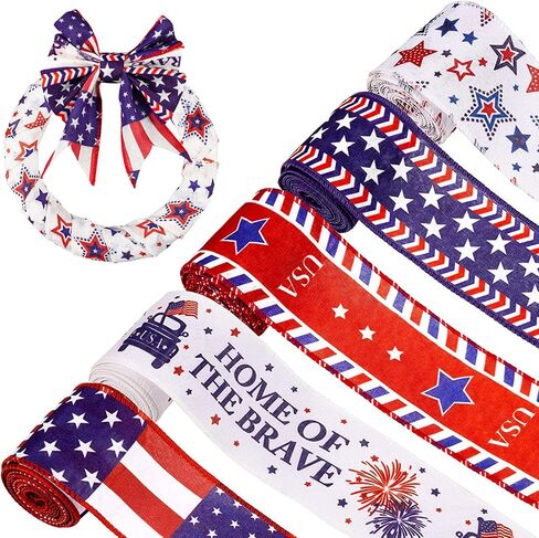 Whaline 5 Rolls Patriotic Ribbon 4th of July Stars and Stripes Burlap Wired Edge Ribbon 25 Yards White Blue Red Decorative Ribbon for Independence Day Gift Wrapping DIY Wreath Bow Craft Sewing in Saudi Arabia